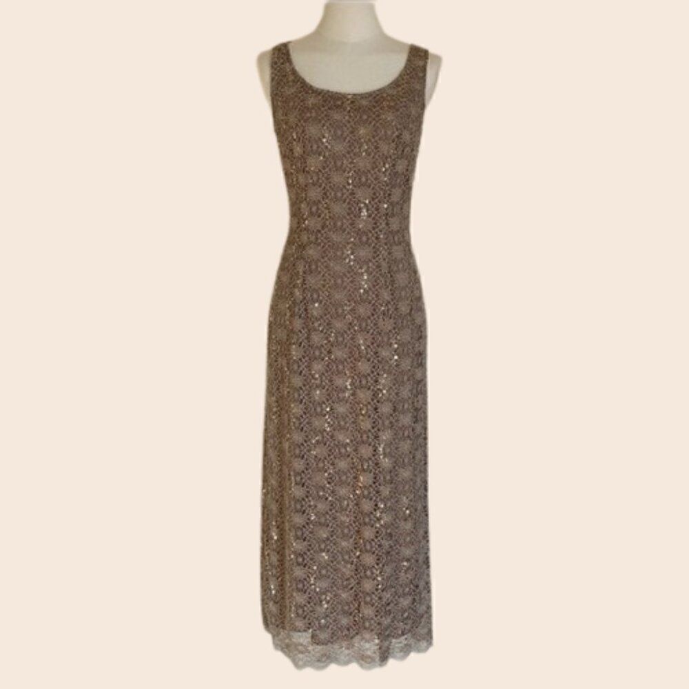 Vintage 90's Cream Knit Lace & Gold Sequin R&M Richards Midi Cocktail Gown Sz 8